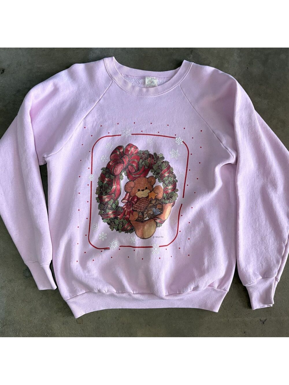Vtg 80's Women's Pink Christmas Teddy Bear Sweatshirt Size L